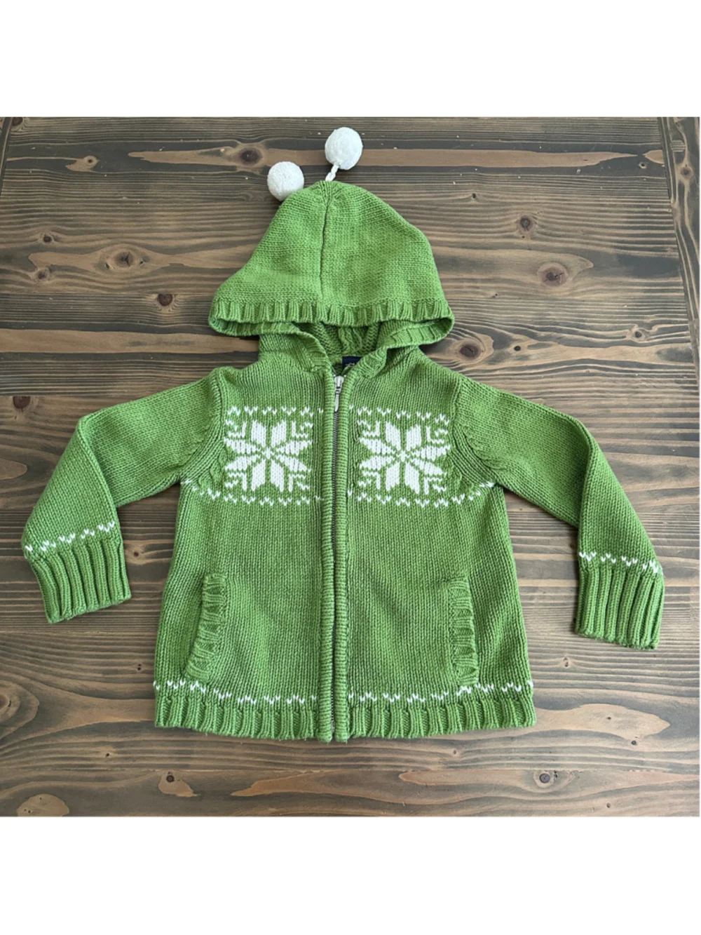 Girls Gap Kids Snowflake Sweater Hoodie XS 4 Green White Zip Up Pom Poms